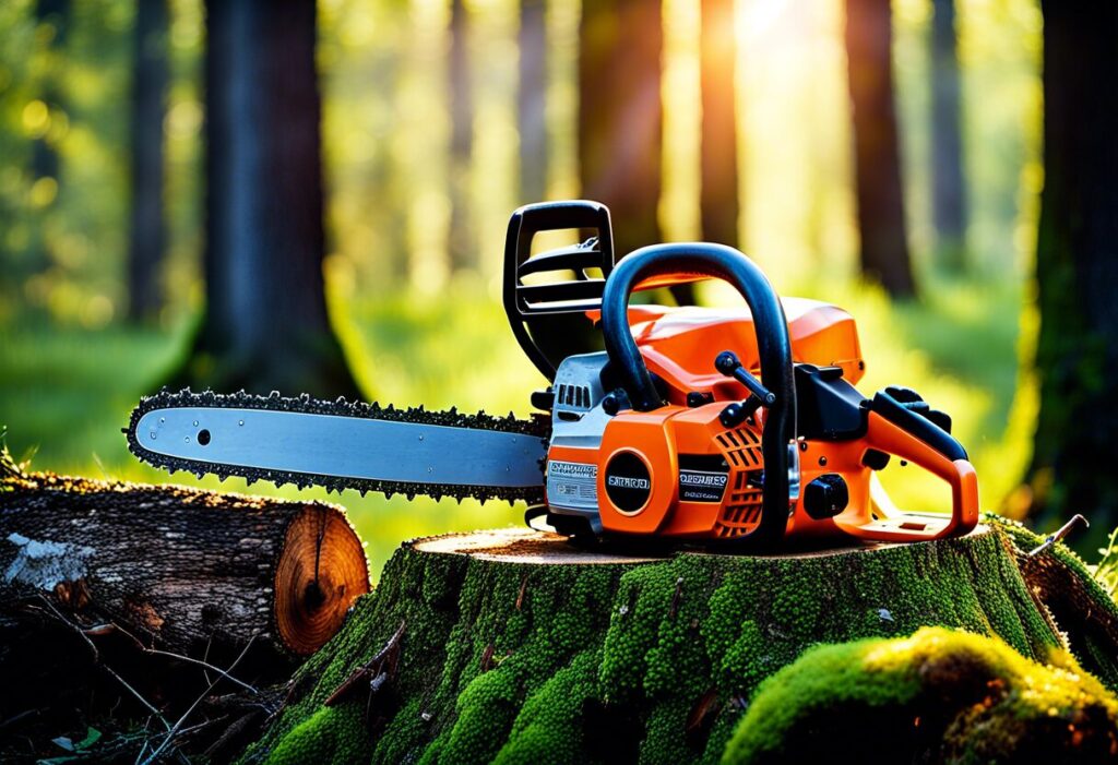 Élagage d'un arbre avec élagueuse
Homme coupant branches arbre élagueuse