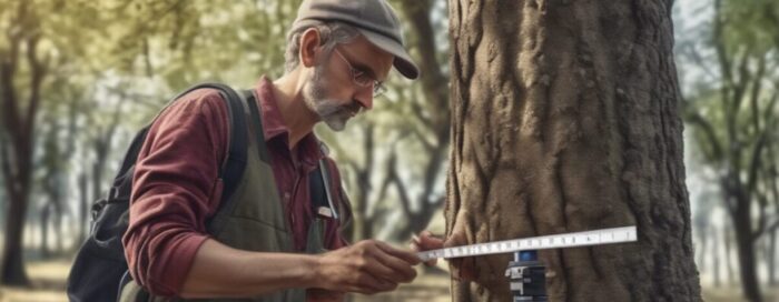 Homme utilisant un instrument pour mesurer un arbre